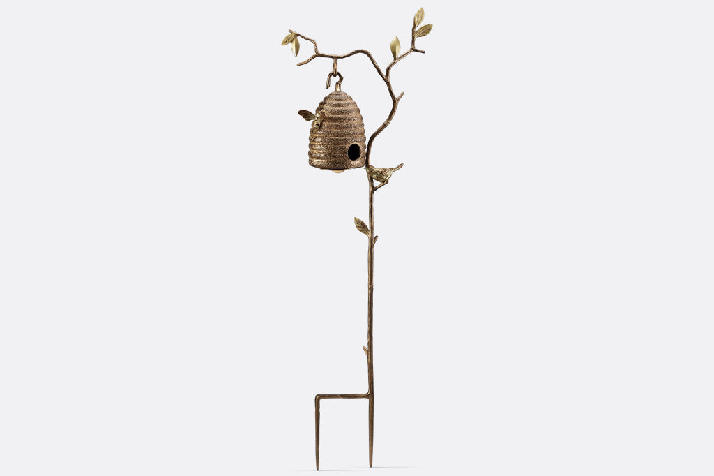 hanging beehive with bee candleholder cast metal