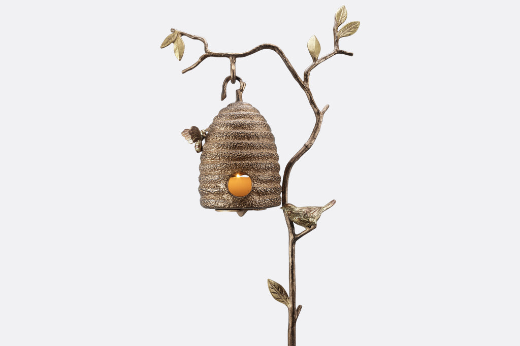 hanging beehive with bee candleholder cast metal