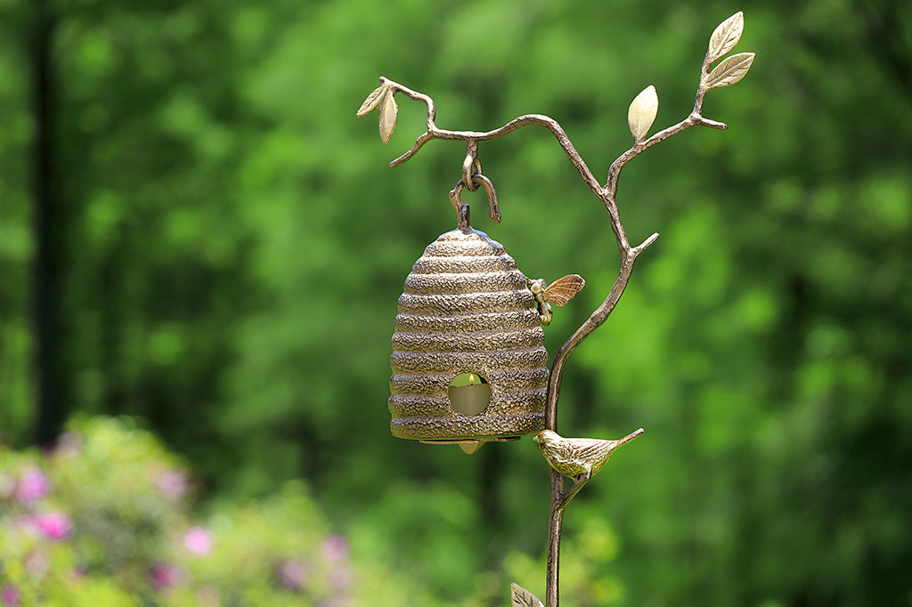 hanging beehive with bee candleholder cast metal