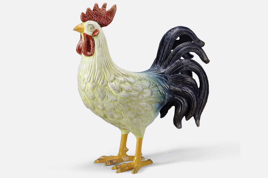 large and colorful cast metal rooster sculpture, all-weather home decor,