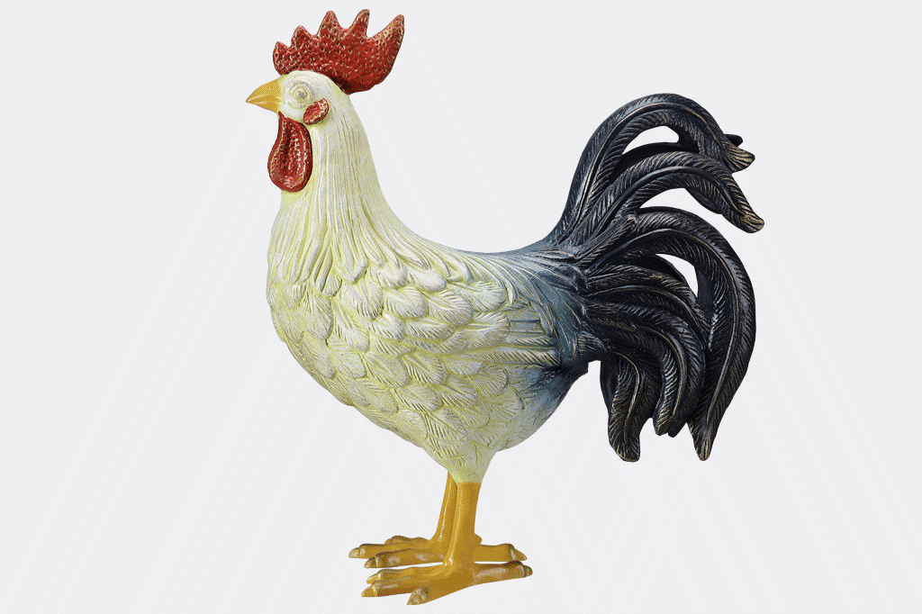 large and colorful cast metal rooster sculpture, all-weather decor