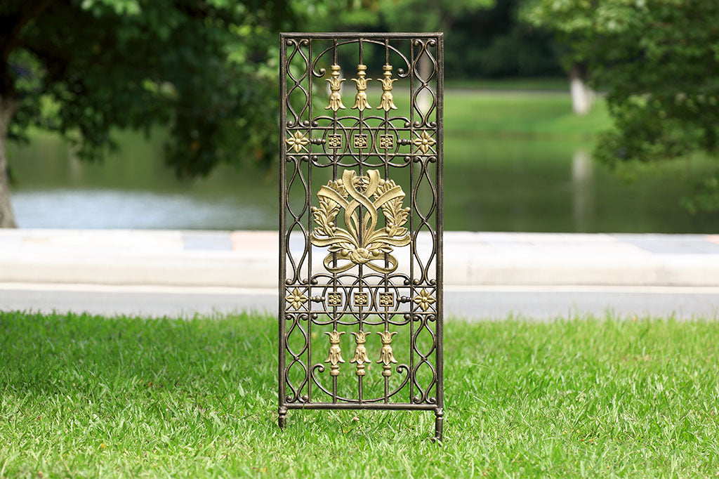 rectangle cast metal garden trellis with gold accents