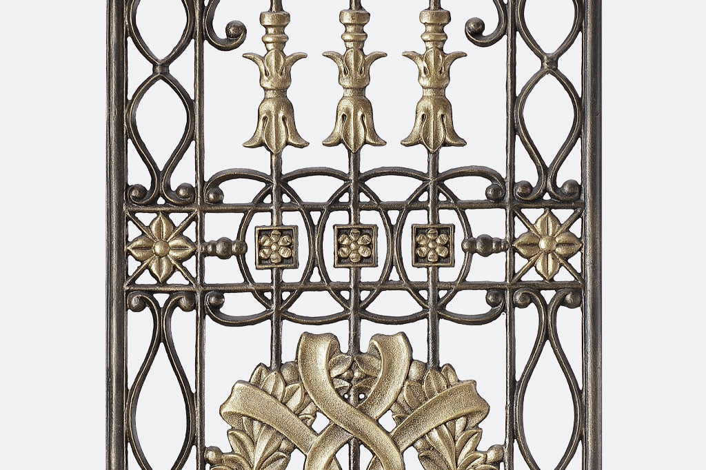 rectangle cast metal garden trellis with gold accents