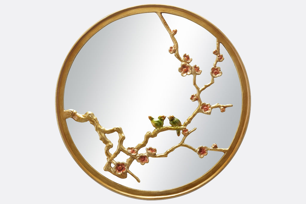 cast metal gold mirror with blossom branches and pink blooms and two small birds on branch