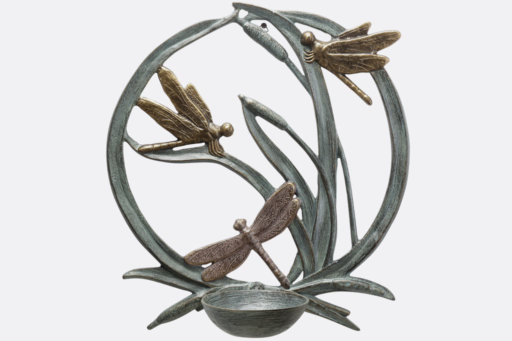 birdfeeder station that hangs on walls with dragonfly and cattail motif