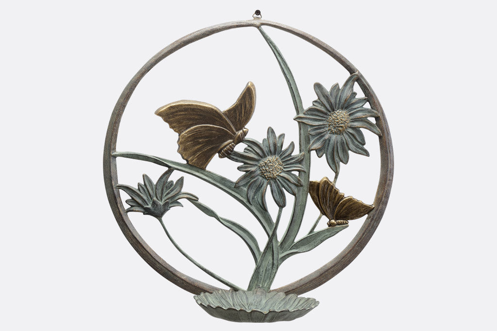 hanging bird feeder station featuring butterflies and daisies