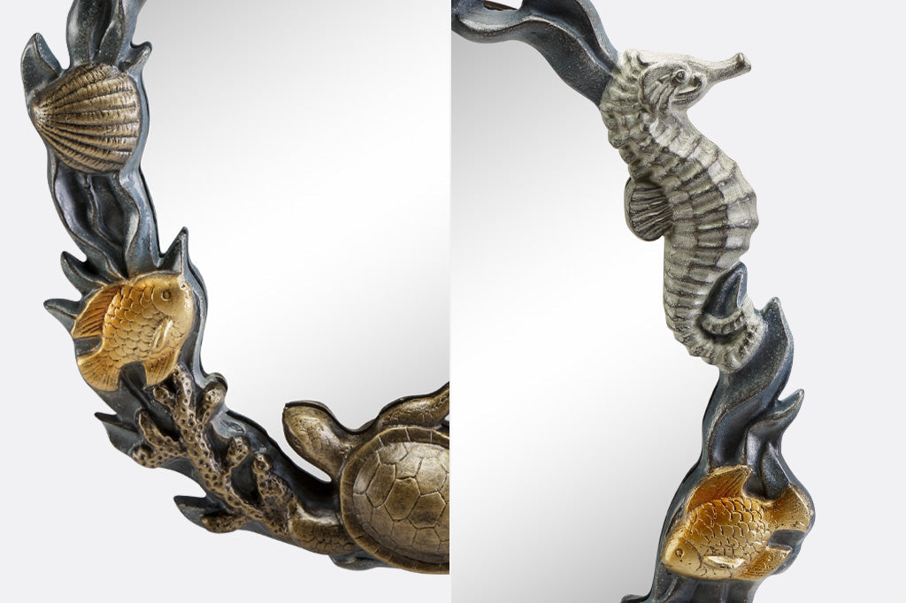 detailed views of sea creatures, orange fish, bronzy turtle and zinc seahorse