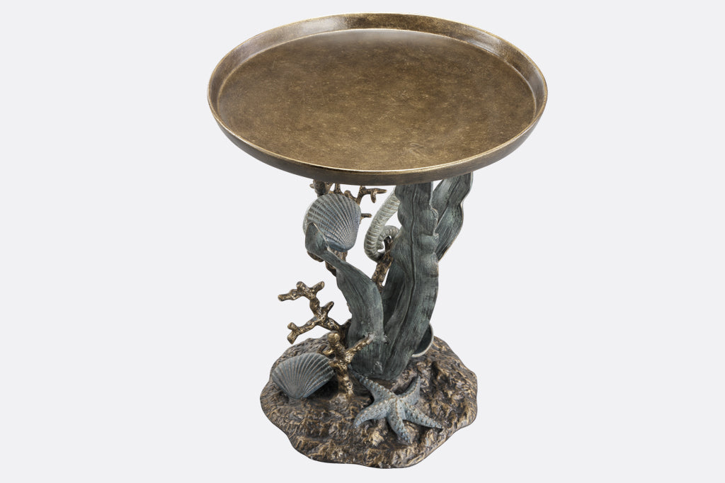 accent table with coral reef sculpted base design: seahorse, coral, scallop and nautilus shells, seastar, kelp