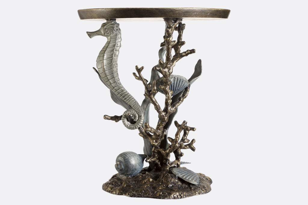 accent table with coral reef sculpted base design: seahorse, coral, scallop and nautilus shells, seastar, kelp