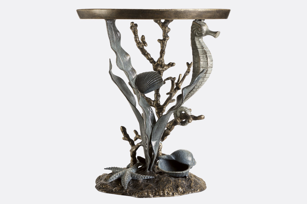 accent table with coral reef sculpted base design: seahorse, coral, scallop and nautilus shells, seastar, kelp