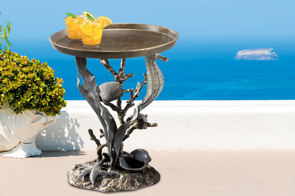 accent table with coral reef sculpted base design: seahorse, coral, scallop and nautilus shells, seastar, kelp
