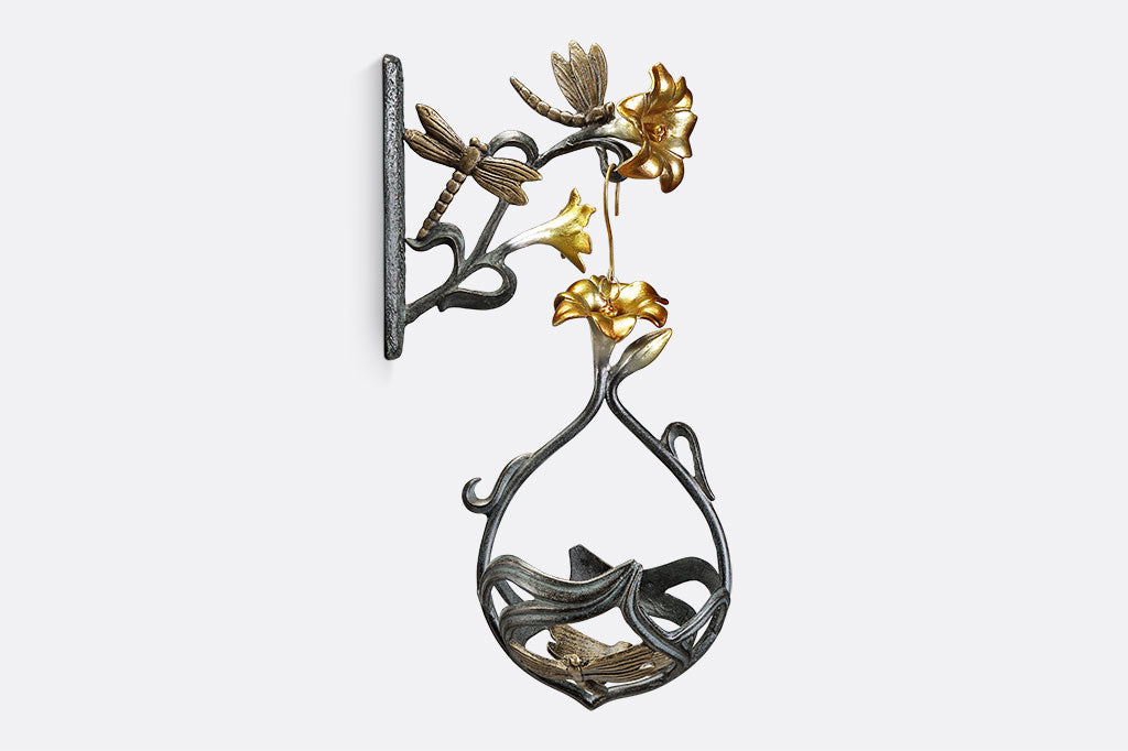 Wall hook and hanging planter with motif of golden lilies and dragonflies