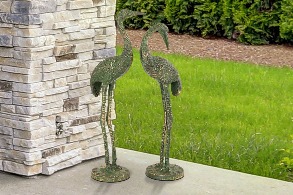 cast metal crane sculpture copper and green patina color set of two