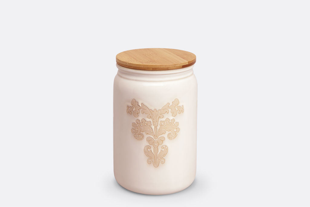 stoneware with cream glaze and damask lace pattern, bamboo lid