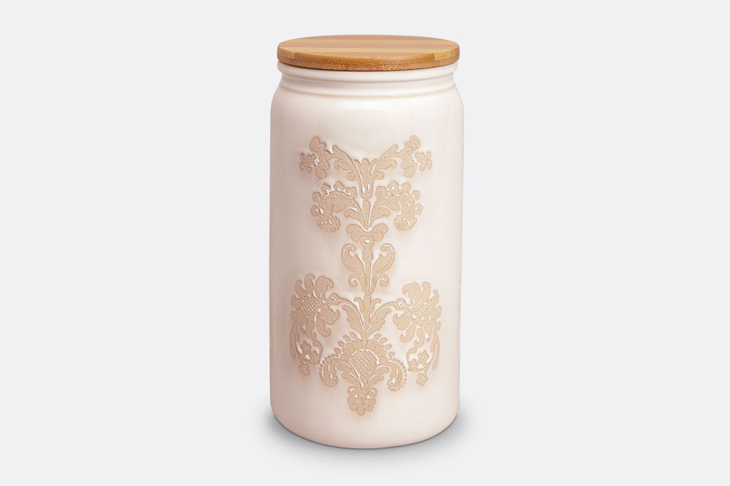 stoneware with cream glaze and damask lace pattern, bamboo lid