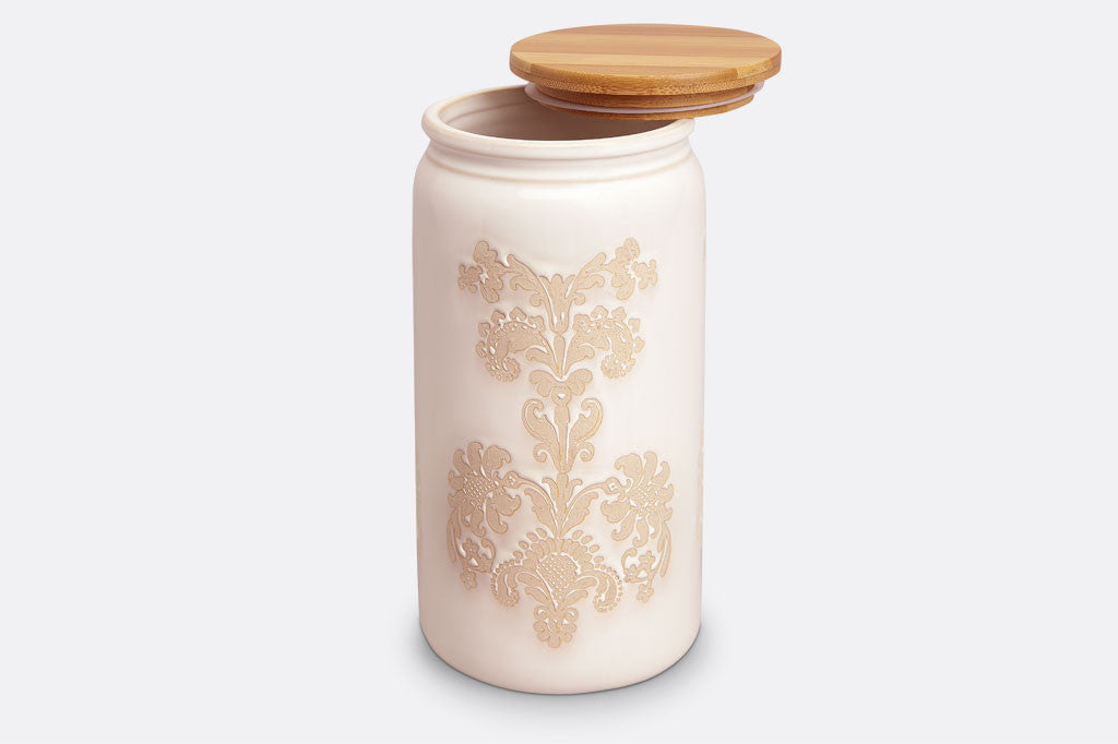 stoneware with cream glaze and damask lace pattern, bamboo lid