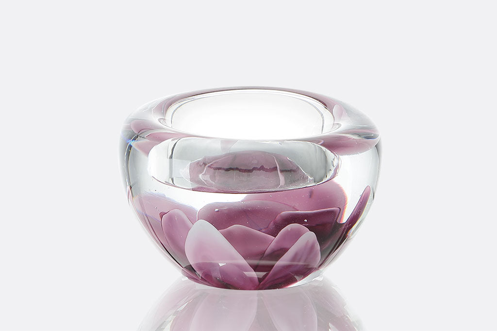 glass tealight candle holder with pink blossom design