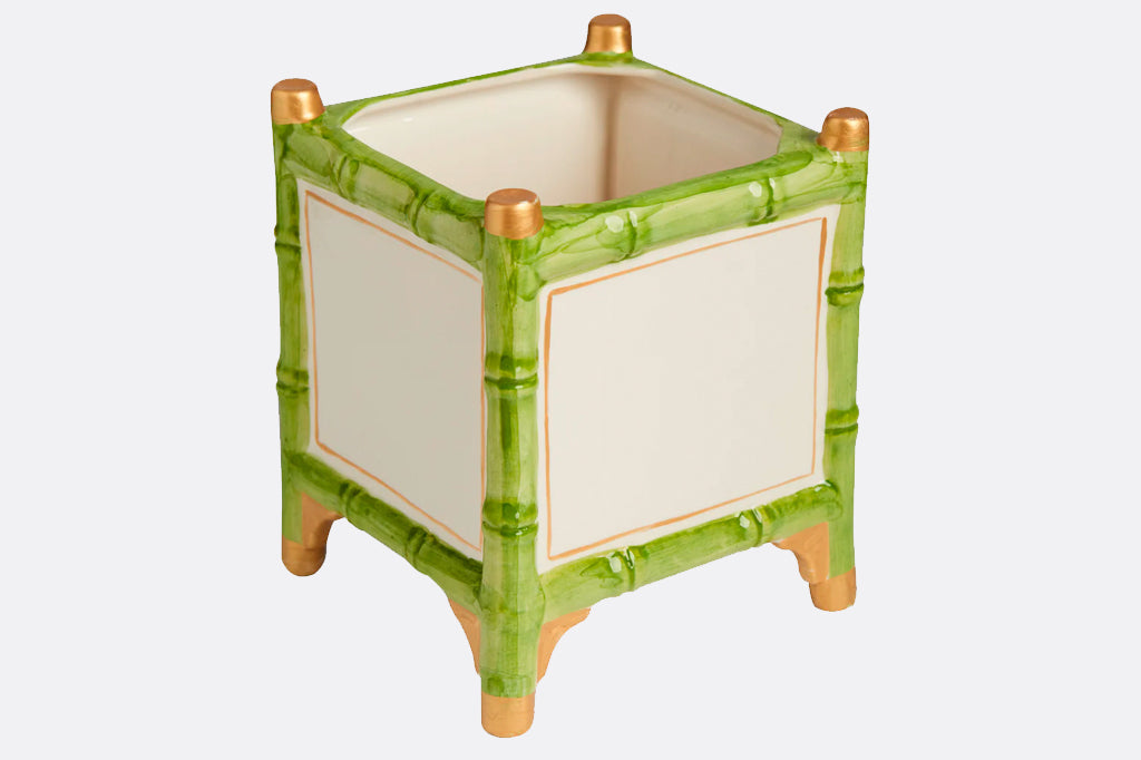 bamboo motif in green on ceramic planter, cube shaped
