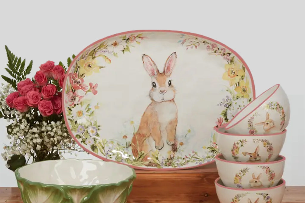 Platter of a sweet bunny amidst a delicate floral border - ceramic; shown on table scene with roses and additional serving bowls