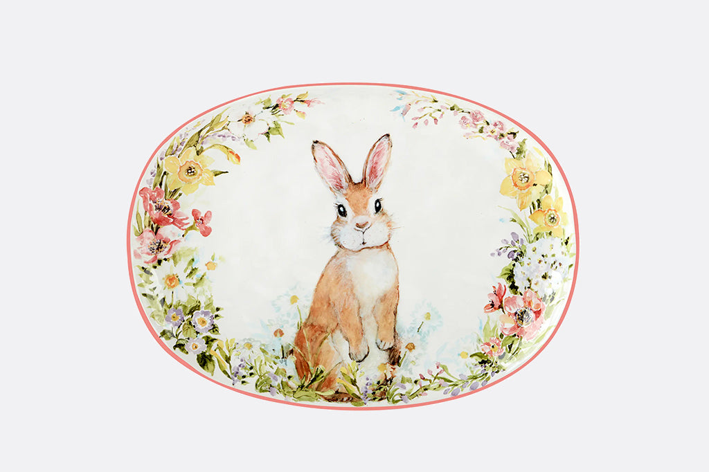 Platter of a sweet bunny amidst a delicate floral border - ceramic