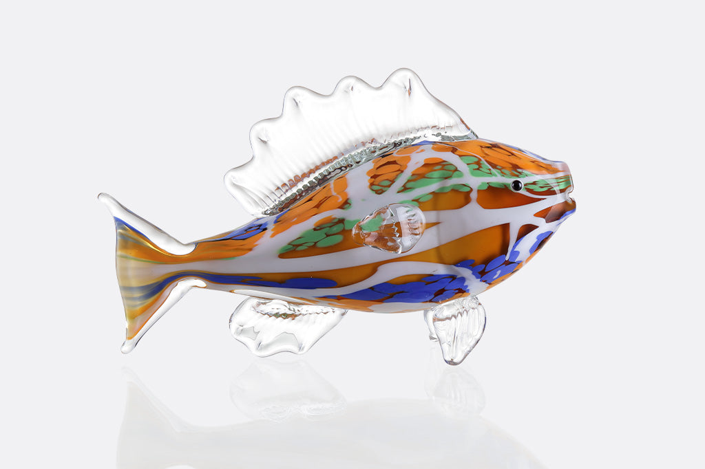 glass figurine decor of orange and blue tropical fish