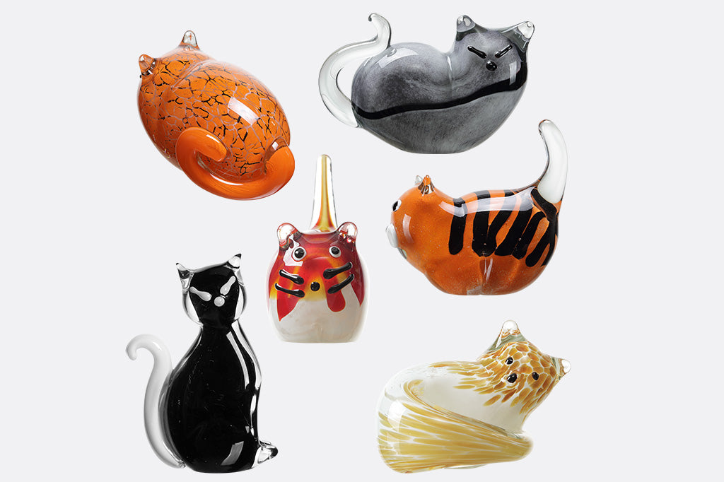 6 assorted glass cat figurines of different finishes and colors
