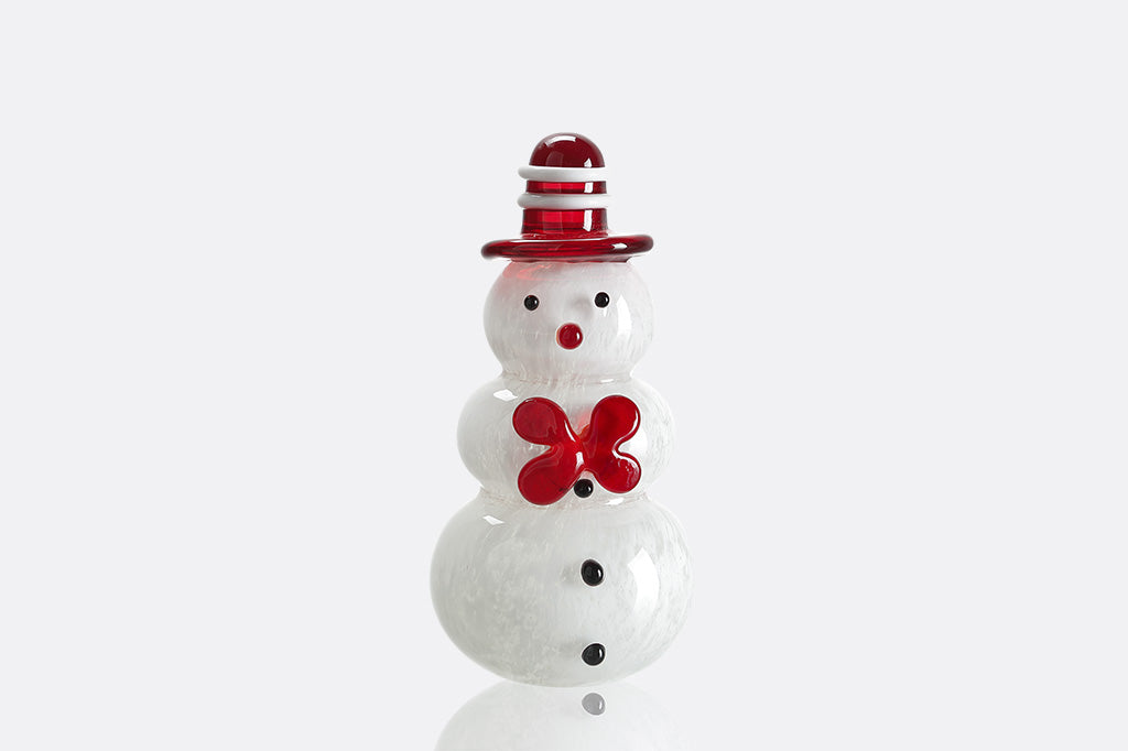 glass snowman with red bowtie and striped red and white tophat