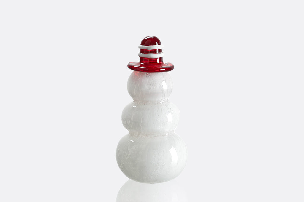 glass snowman with red bowtie and striped red and white tophat
