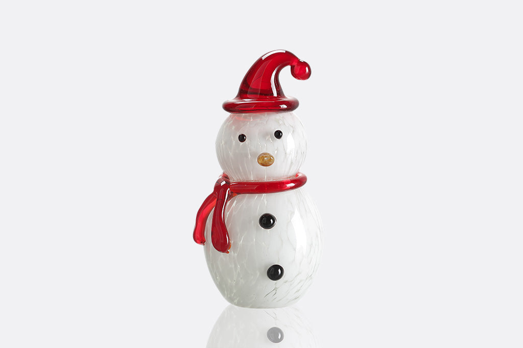 glass snowman with red scarf and striped red santa hat