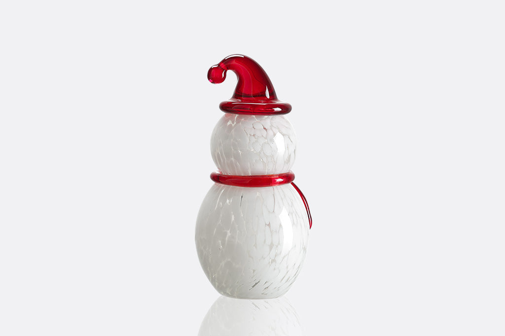 glass snowman with red scarf and striped red santa hat