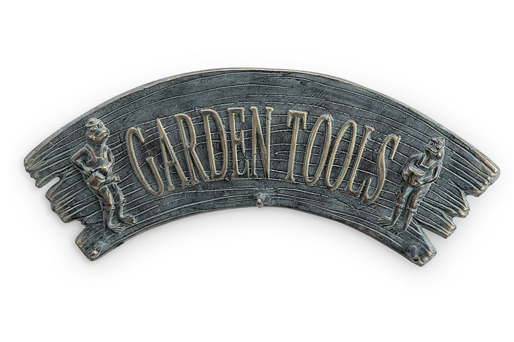 cast metal wall hook and plaque reading garden tools with two helpful frogs, whimsical 