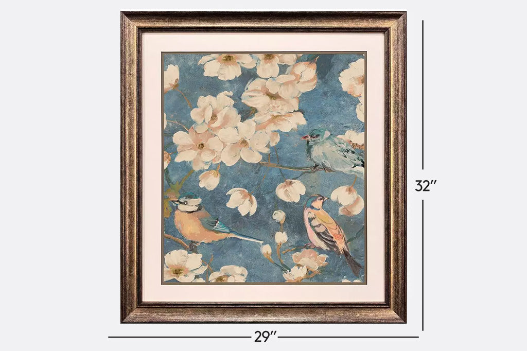 Framed artwork of three birds and flowers.