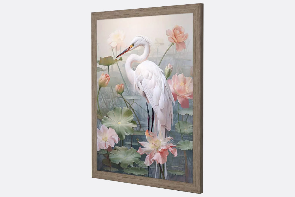 A Crane standing in a pond filled with flowers and lillypads.