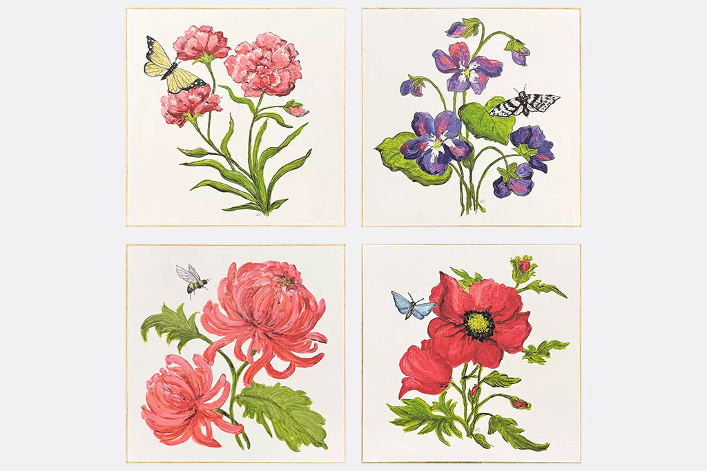 Four floral illustrations with butterflies and bees
