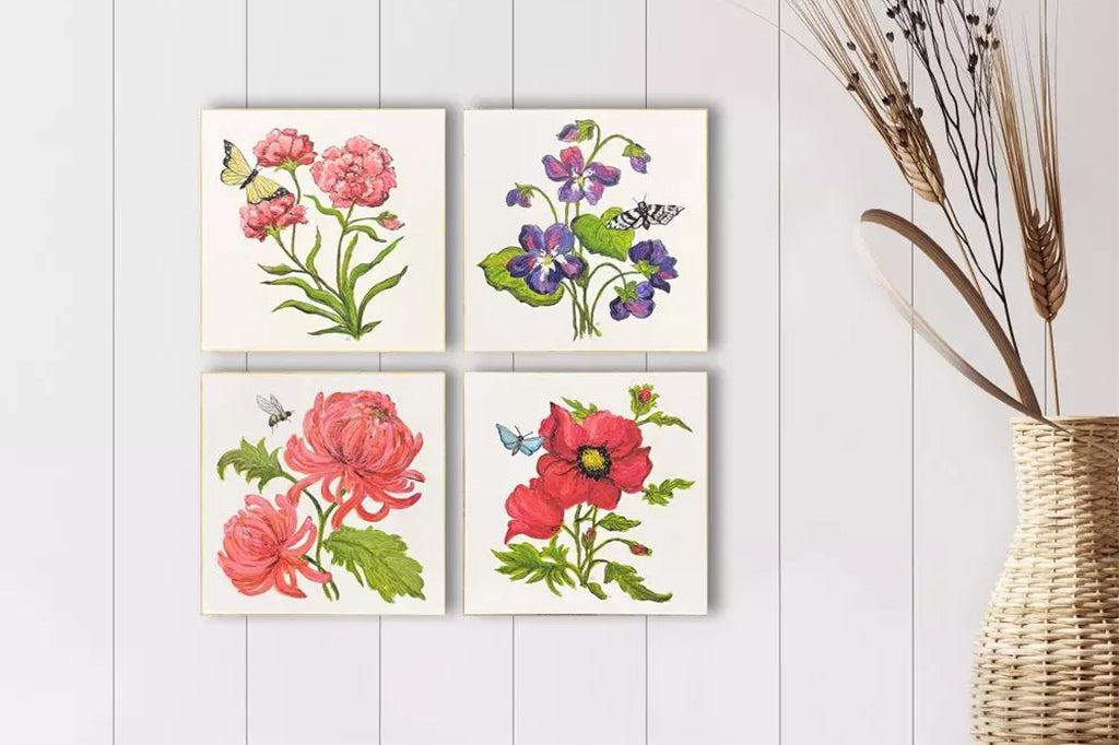 Four floral illustrations with butterflies and bees