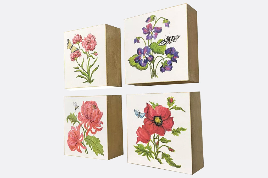 Four floral illustrations with butterflies and bees