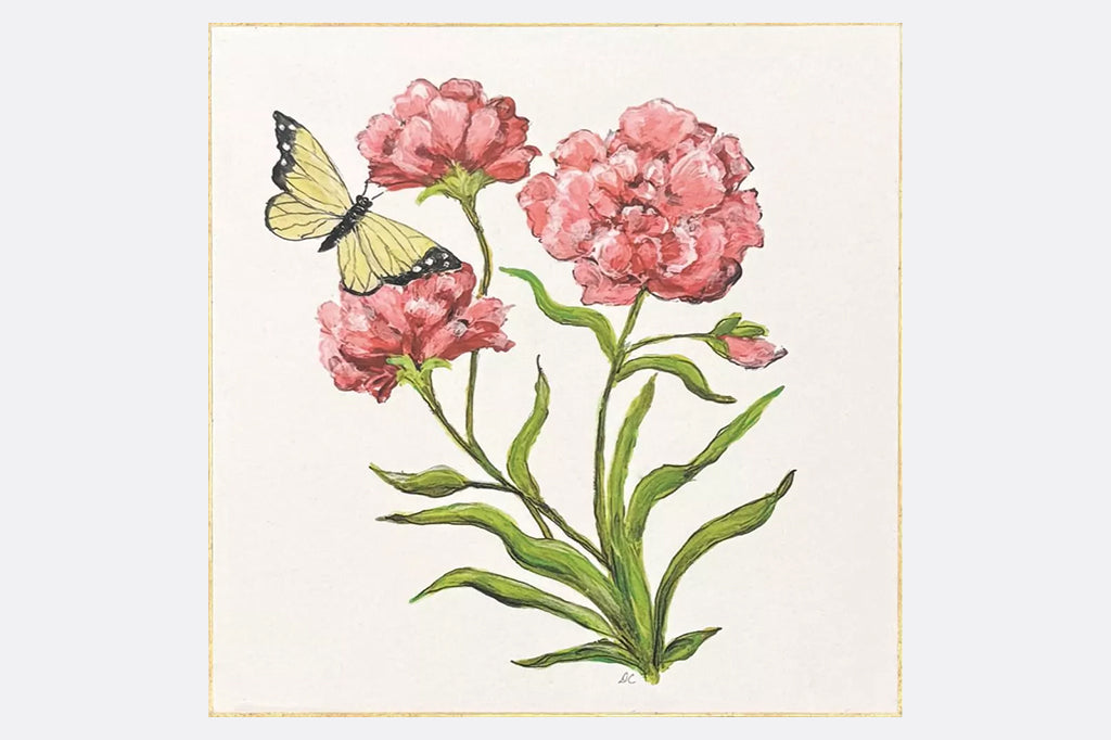 Four floral illustrations with butterflies and bees
