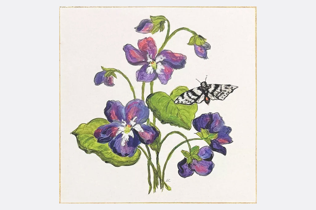 Four floral illustrations with butterflies and bees
