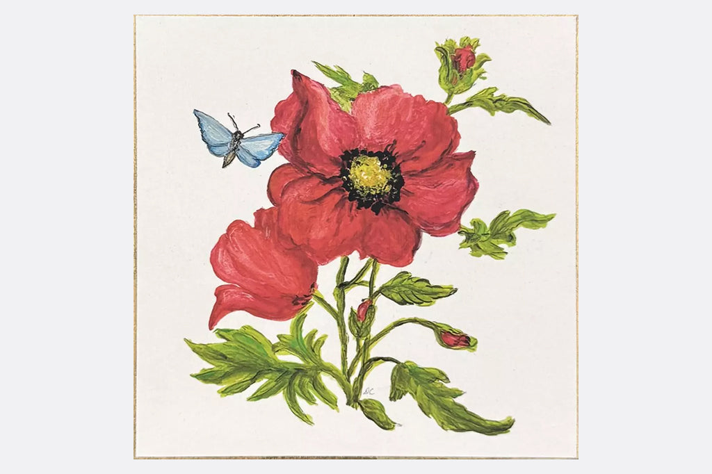 Four floral illustrations with butterflies and bees