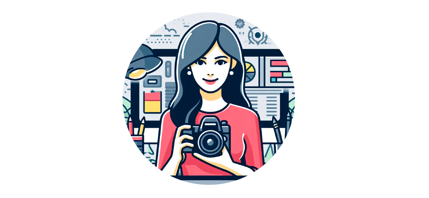 Illustration of woman holding a camera in a graphic design office setting with computer screens