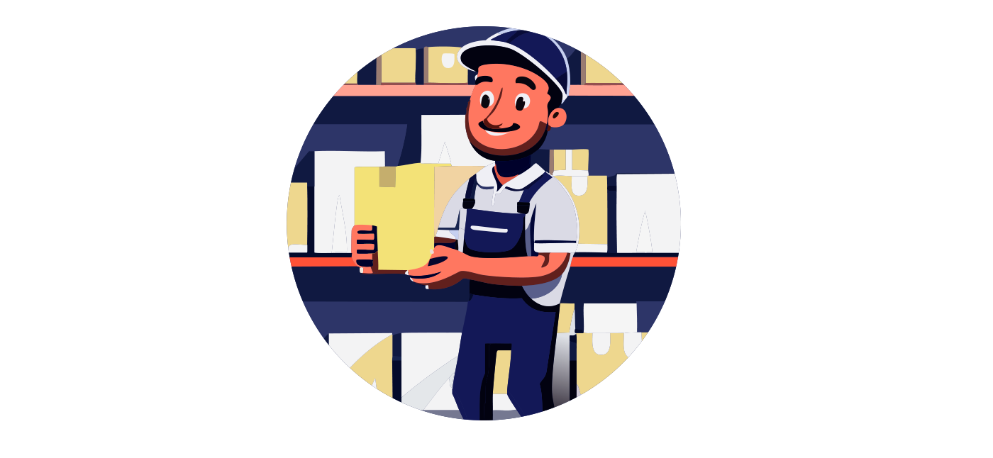 Illustration of man holding a clipboard in a warehouse setting