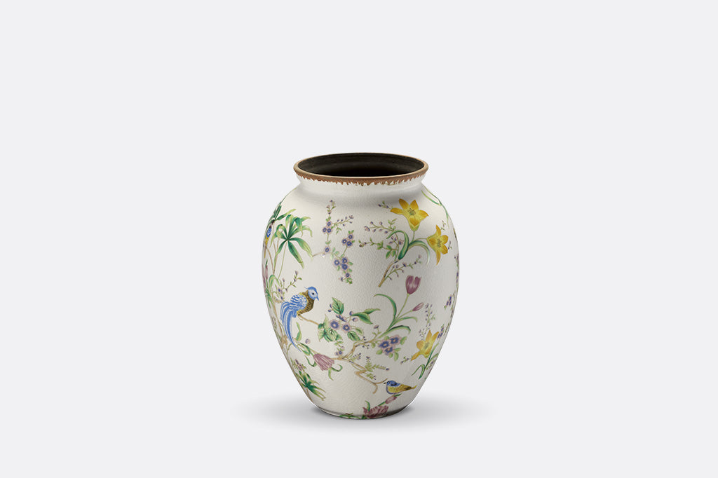 Decorative vase with floral and bird patterns on a white background