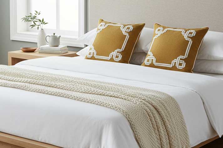 2 golden-ochre throw pillows with a white chinese pattern and white piping
