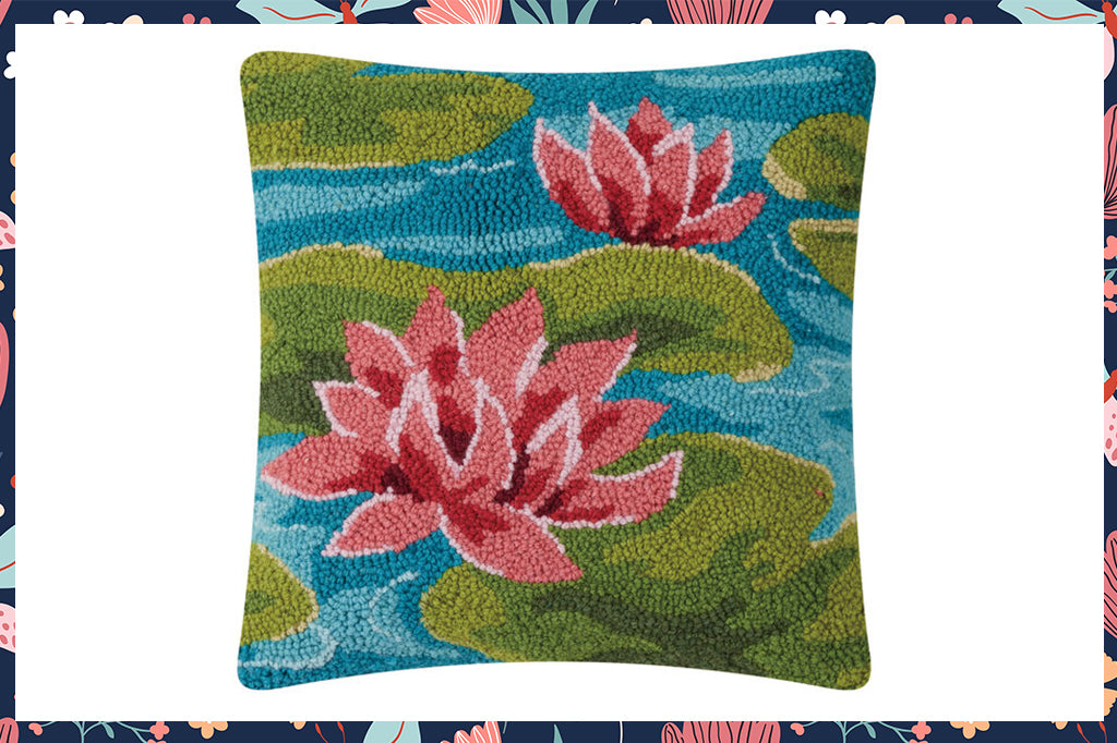 Hooked square pillow pink water lilies on pond 
