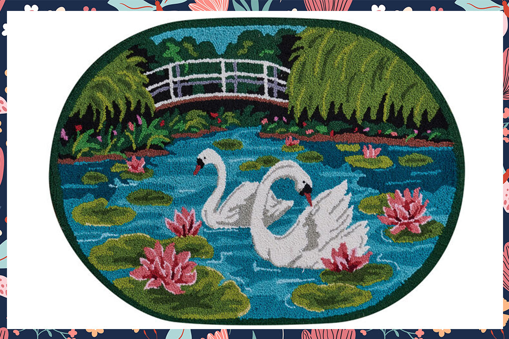 Hooked monet inspired rounded rug with waterlilies, swans, bridge