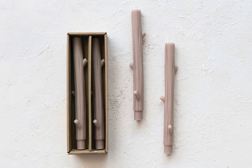 mauve blush taupe colored twig taper candles , set of 4