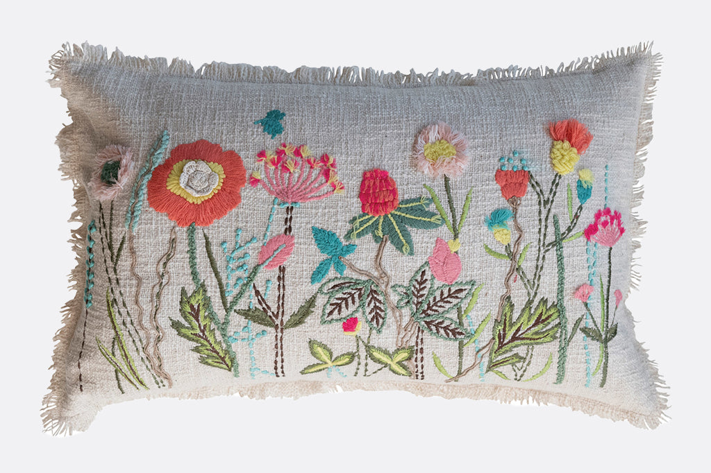 embroidered floral lumbar pillow, spring colors of bright blues, corals and greens on cream background