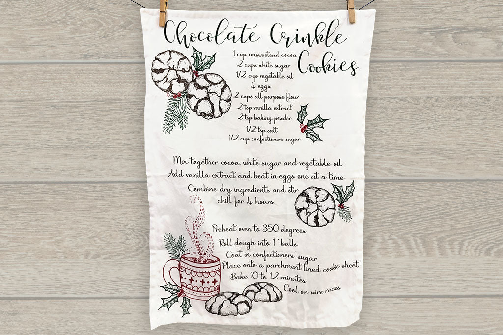 tea towel showing recipe for chocolate crinkle cookies