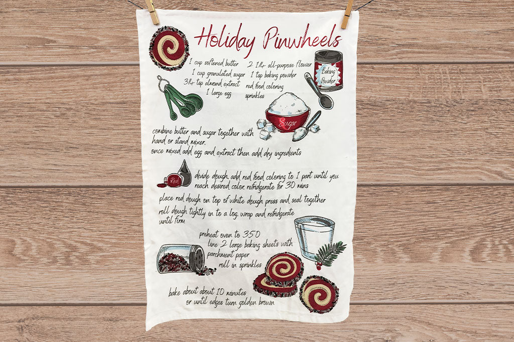 tea towel showing recipe for holiday pinwheel cookies