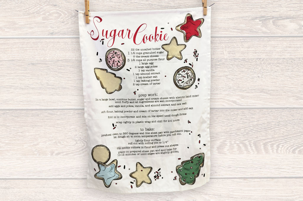 tea towel showing recipe for sugar cookies